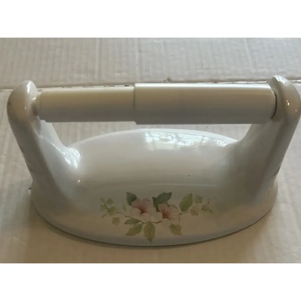 Vtg Lenape Pink Blossom Flowers White Ceramic TOILET PAPER HOLDER Shabby Chic